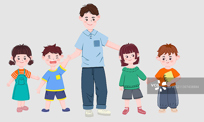 卡通男孩牵着四个小朋友插画图片素材