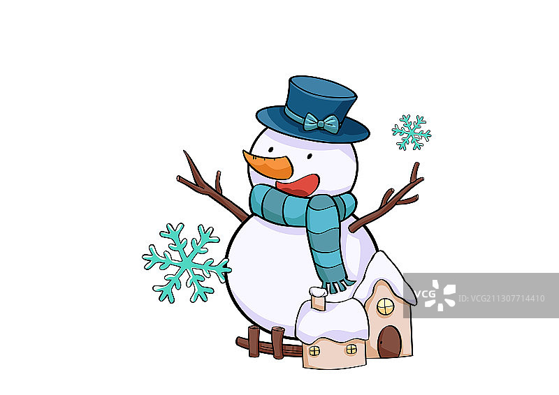 手绘卡通冬天雪人房子插画图片素材