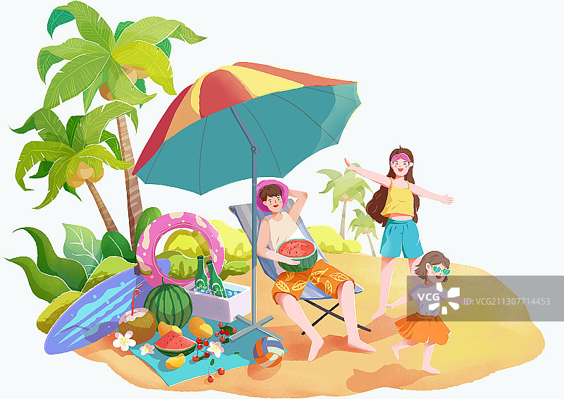 小清新夏季一家人海滩度假场景插画图片素材