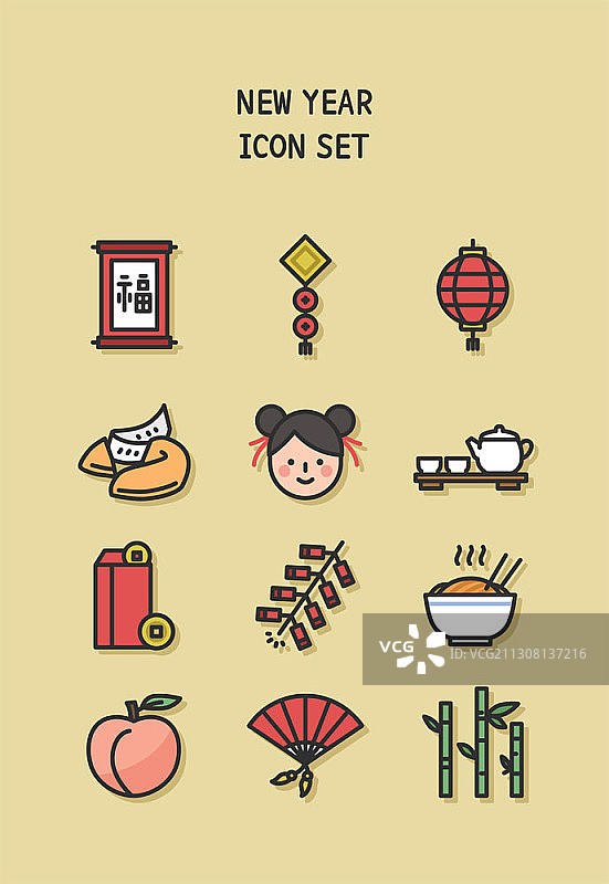中国文化主题矢量插图的新年图标设置在黄色的背景图片素材