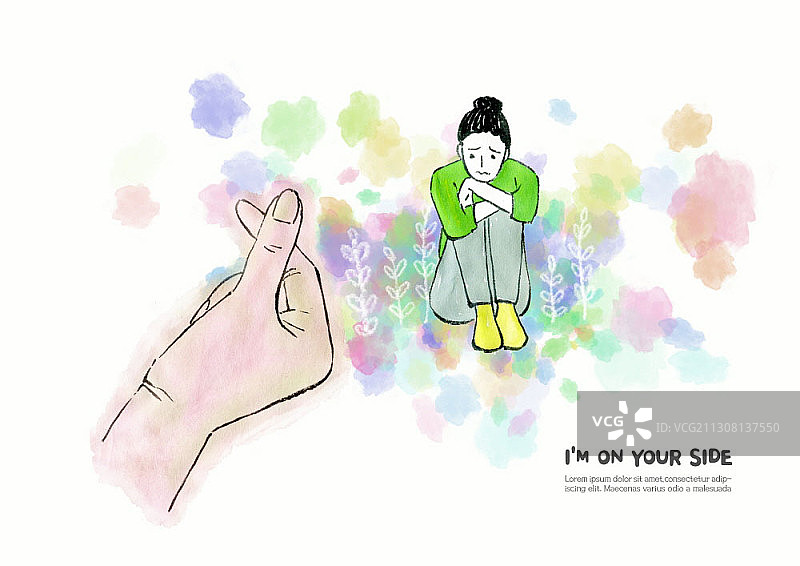 悲伤主题插图的女人哭泣和人的手与手指心图片素材