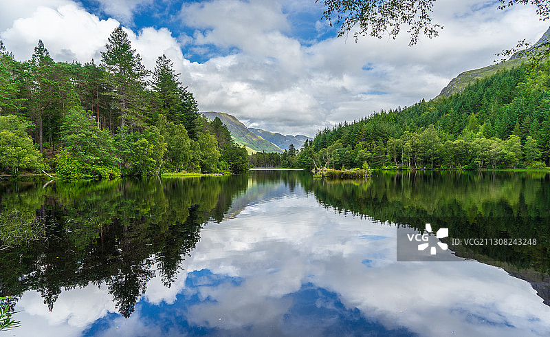 湖的风景由树对天空，高地，苏格兰，英国图片素材