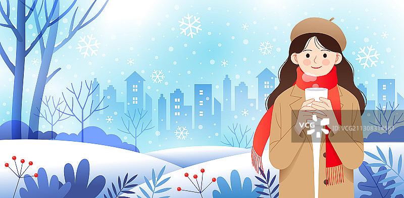 冬天一个女孩手捧水杯和户外雪景图片素材