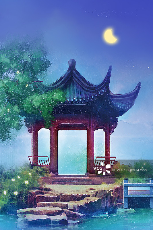 夏天夜晚中国风古代建筑亭子远山图片素材
