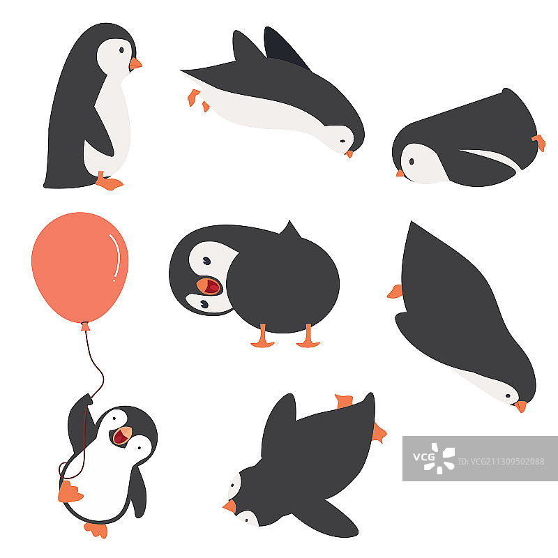 企鹅角色在不同的姿势设置图片素材