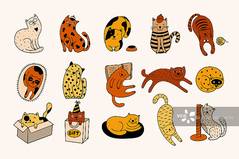设置15只可爱的手绘猫图片素材
