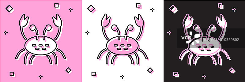 设置蟹图标隔离在粉红色和白色黑色图片素材