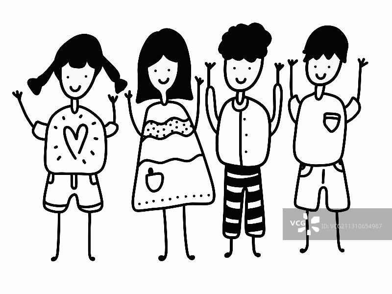 四个快乐的孩子卡通黑白图片素材