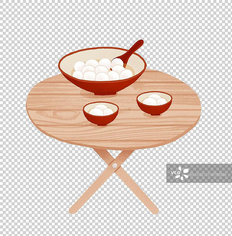 新年春节节日元旦元宵节木桌和几碗汤圆扁平风格图片素材