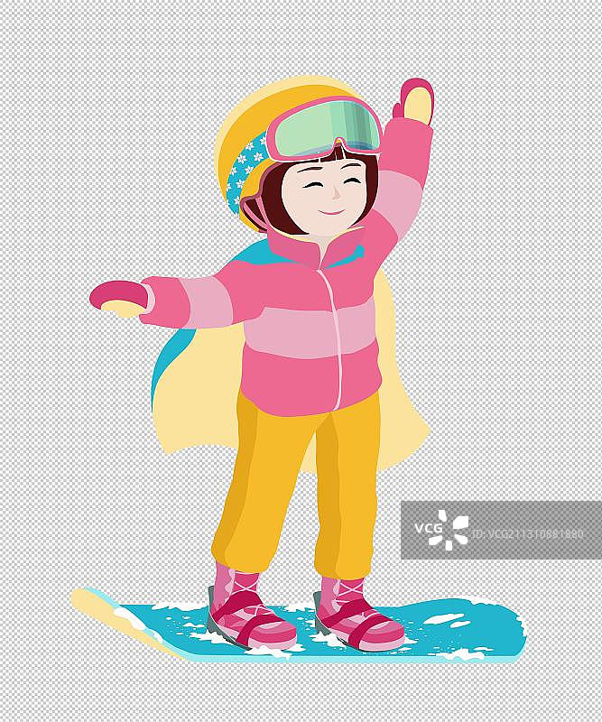 冬季女孩雪地单板滑雪图片素材