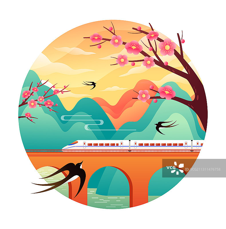 桥上行驶的动车和山水花朵燕子插画图片素材