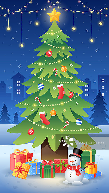 圣诞树和雪人礼物等插画图片素材