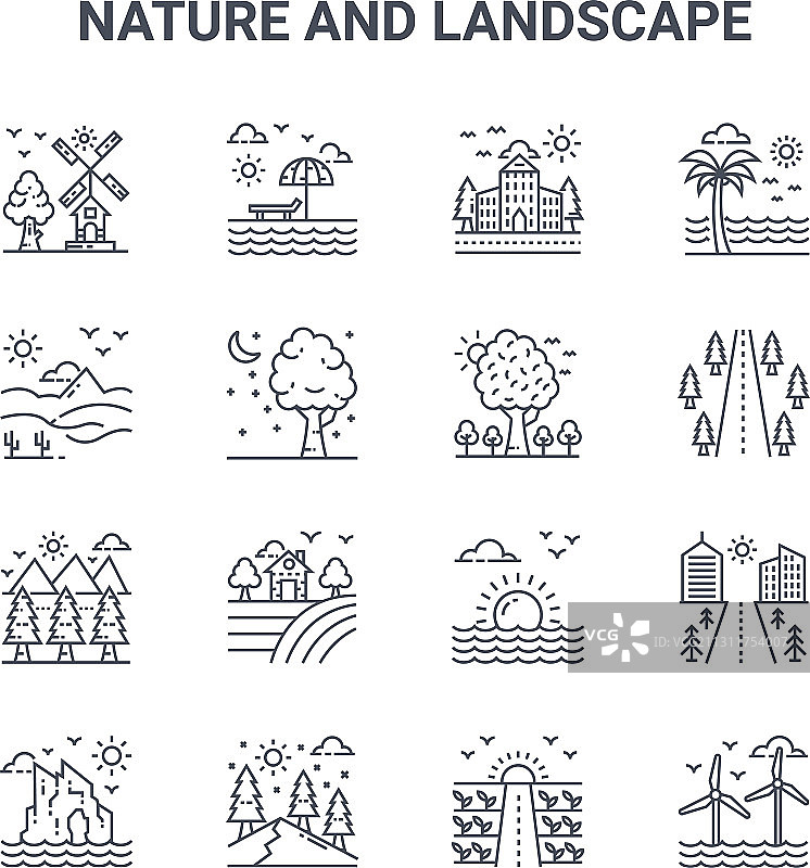 设置16个自然和景观概念线图标图片素材