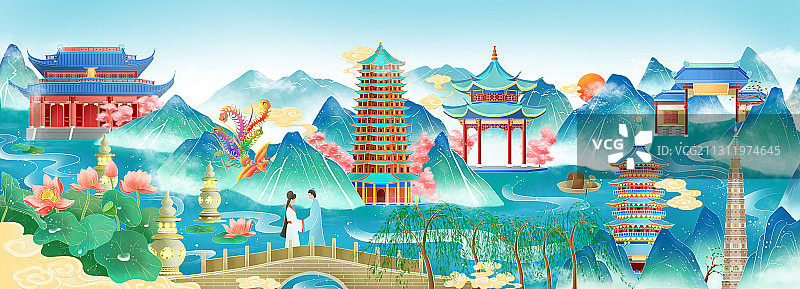 杭州城市建筑中国风插画图片素材