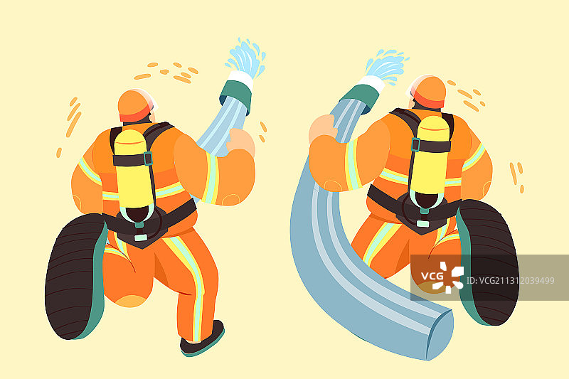 卡通人民英雄消防员背影劳动节救火灭火预防火警119矢量插画图片素材