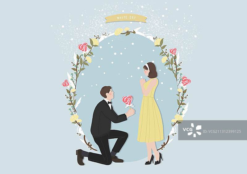 白天花框中男子跪向女子求婚的插图图片素材