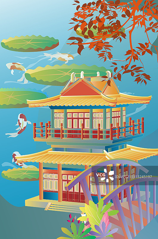 中国风古建筑荷塘锦鲤小桥楼阁矢量插画竖版图片素材