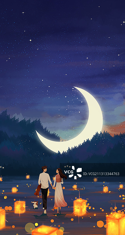 夜晚散步的情侣 情人节插画图片素材