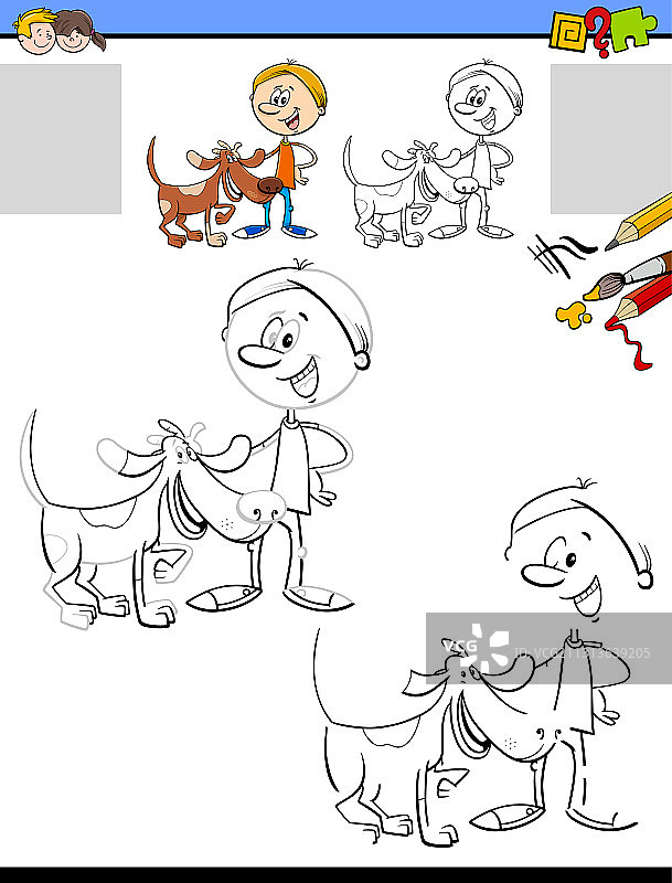 画画和上色的任务，男孩和他的狗图片素材