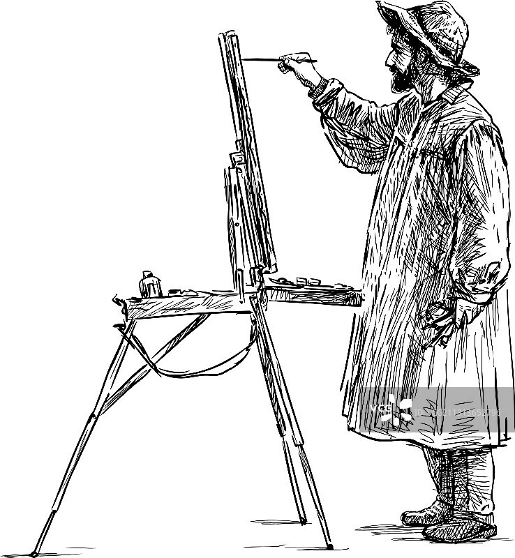 在画架上画有胡子的艺术家在帽子上作画图片素材