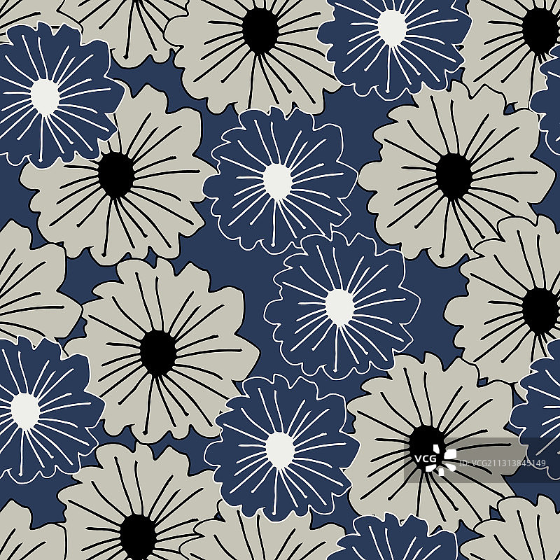 灰色和海军蓝的随机花朵无缝图案图片素材