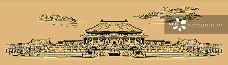 米色中国手绘地标10图片素材
