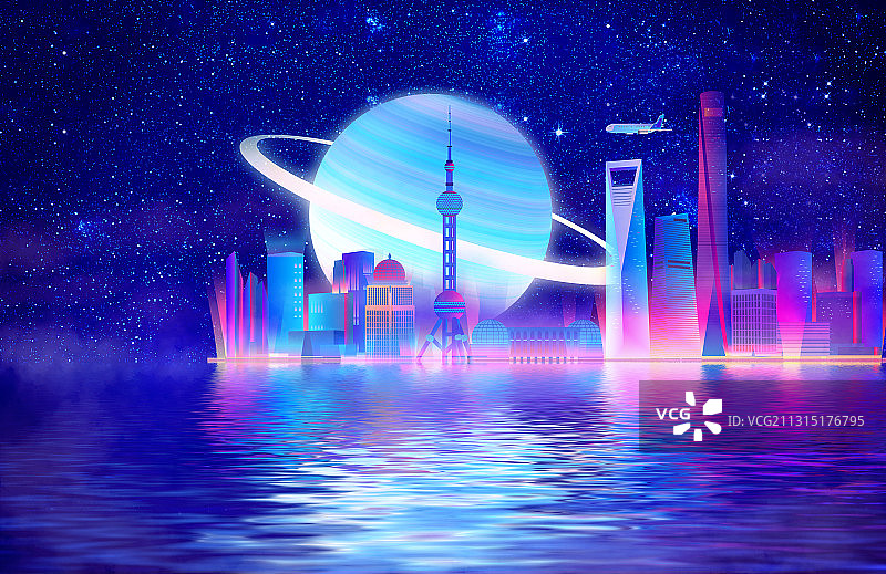 上海科技感城市超现实的抽象插画图片素材
