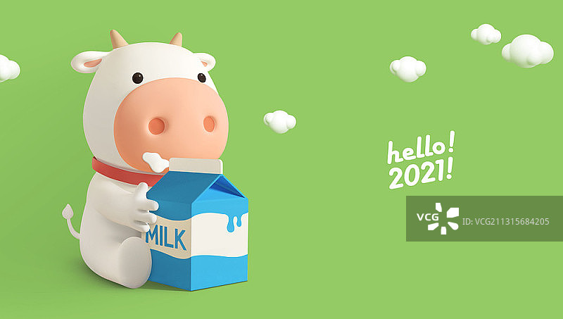 3D可爱的奶牛人物坐在大牛奶盒上的绿色背景图片素材