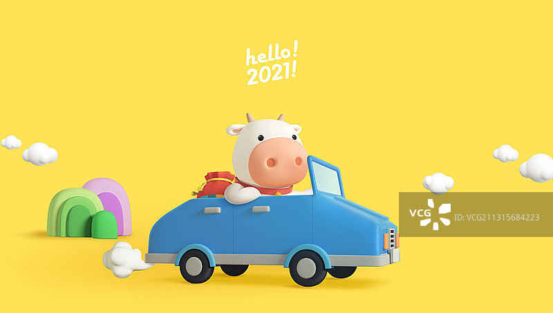 3D可爱的奶牛人物驾驶蓝色的敞篷车在黄色的背景图片素材