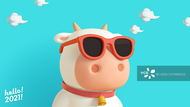 3D可爱的奶牛人物戴着红色的太阳镜在蓝色的背景图片素材