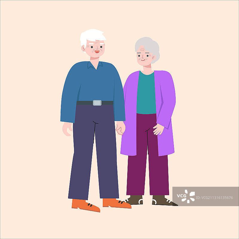 一对牵手的老年夫妻矢量插画图片素材