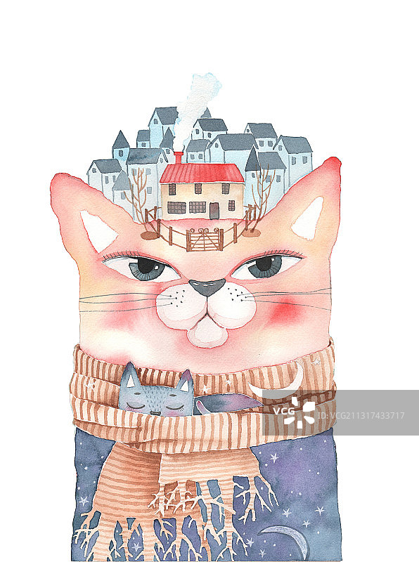 水彩插画-童趣动物-大猫和小猫图片素材