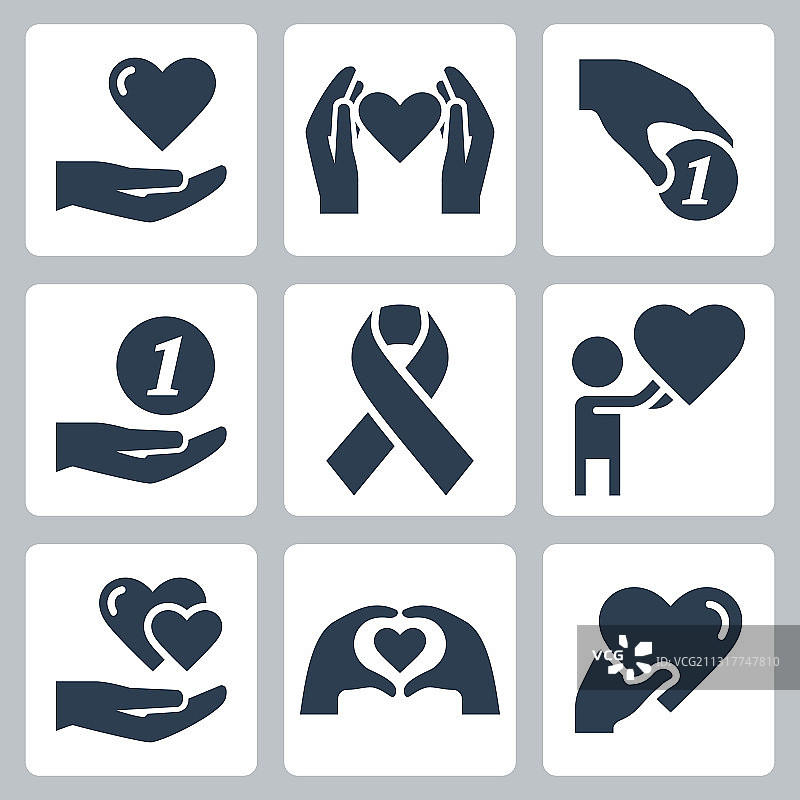 慈善和志愿图标设置在字形风格图片素材