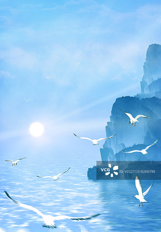 早晨平静的海平面上几只海鸥飞向太阳插画图片素材