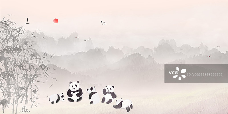 熊猫在竹林里嬉戏玩耍插画背景图片素材