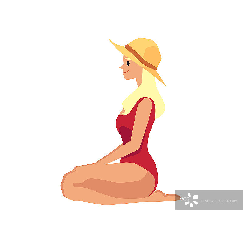 戴着太阳帽，穿着红色泳衣的女人平坐着图片素材