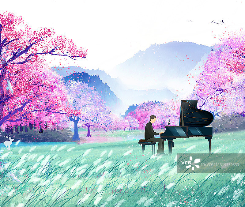 春天音乐家在公园里弹钢琴表演插画图片素材