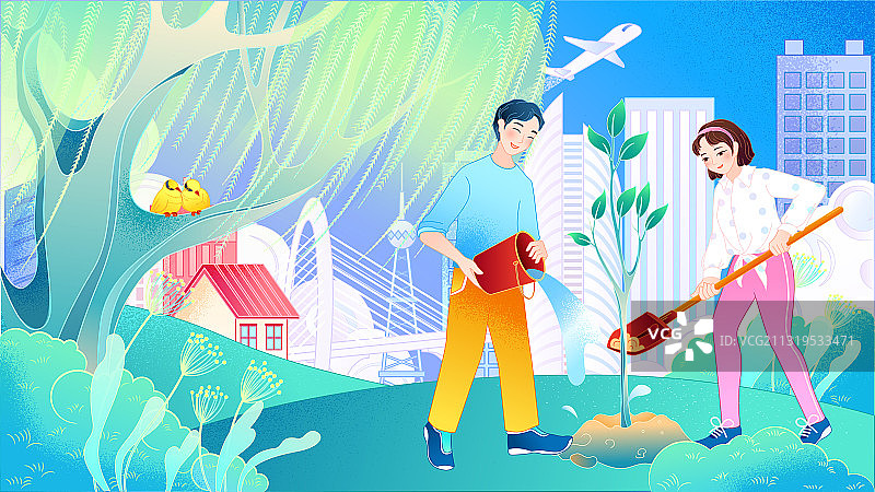 三月柳树植树节种树男女建筑蓝天草丛插画图片素材