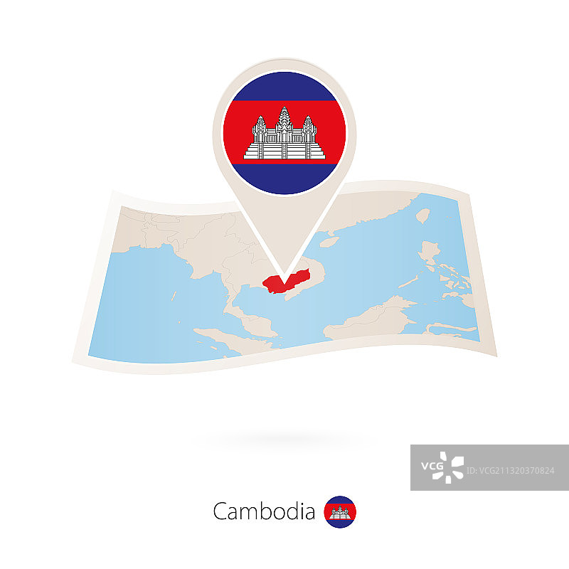 折叠纸柬埔寨地图与国旗别针图片素材