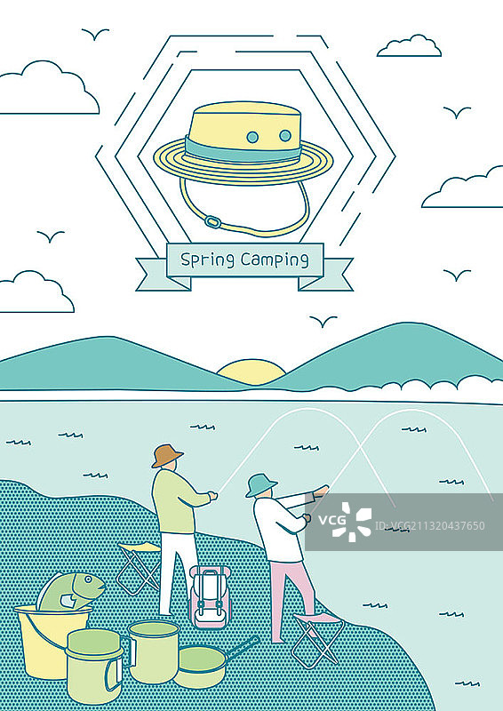 矢量插图春季露营与两个男人钓鱼在河边图片素材