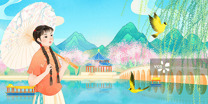 清明节油纸伞颐和园少女柳树黄鹂湖泊船插画图片素材