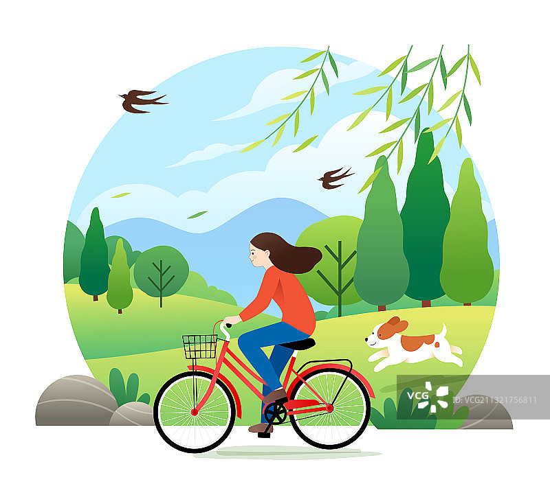 春天一个女孩在户外骑自行车插画图片素材