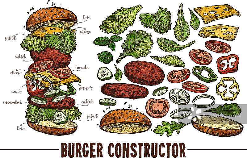 手绘汉堡与食物配料图片素材