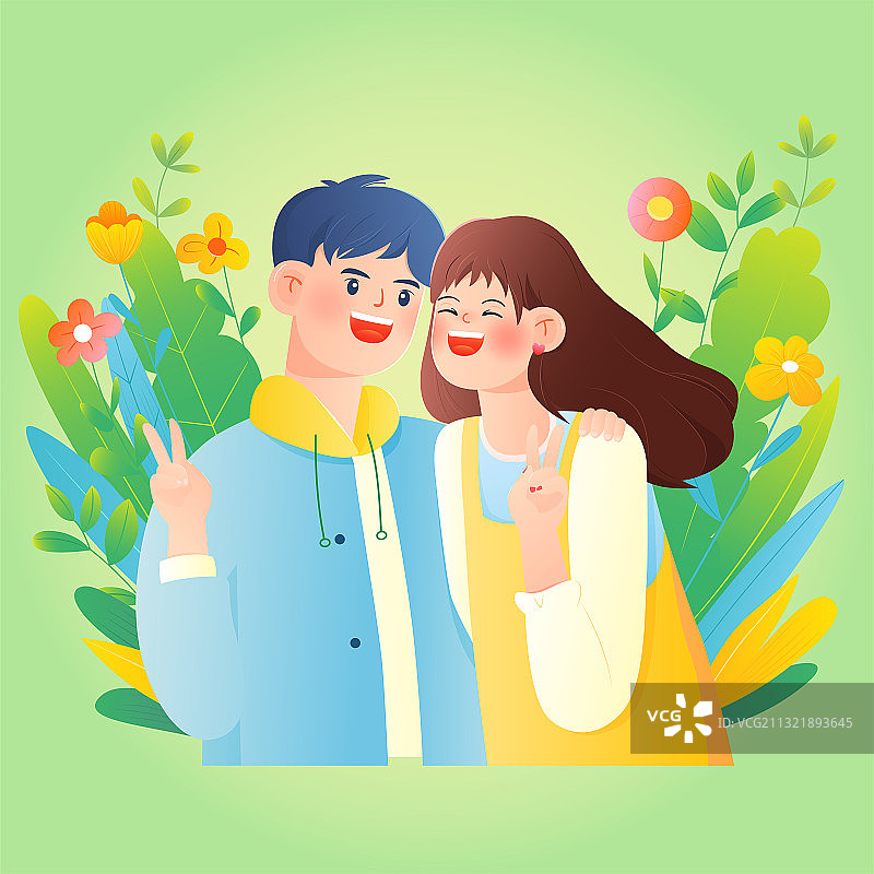 情侣相拥在花丛前开心的拍照矢量插画方图图片素材
