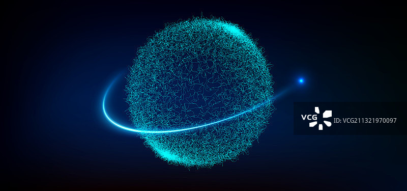 卫星围绕蓝色曲线汇聚成的星球运行，矢量抽象科技素材背景图片素材