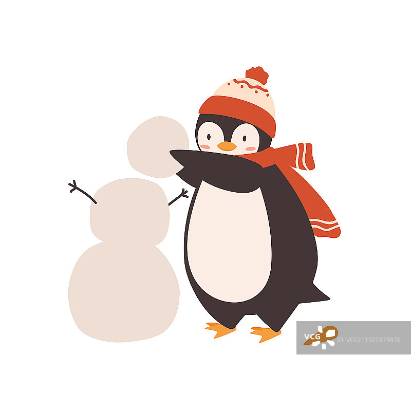 可爱的企鹅抱着雪堆雪人图片素材