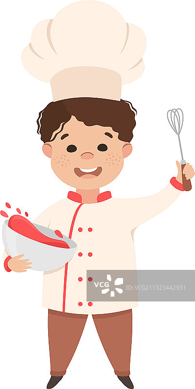 可爱的男孩厨师厨师在碗混合配料图片素材