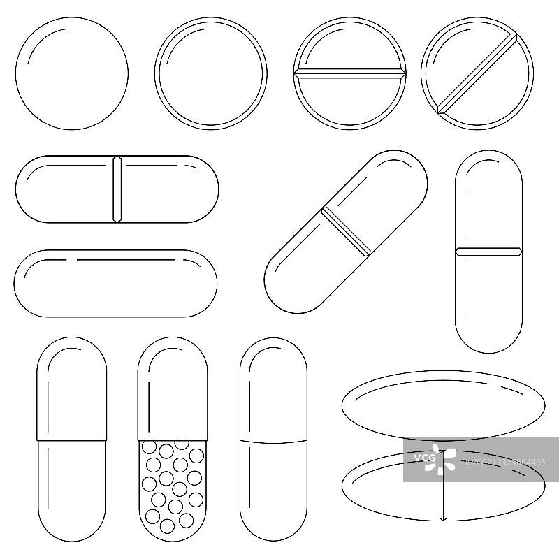 药丸和胶囊线艺术图标设置隔离图片素材
