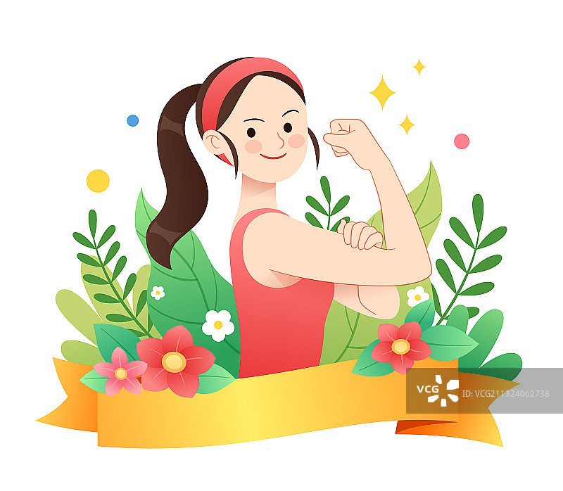 花丛中一位健身女性举着拳头图片素材