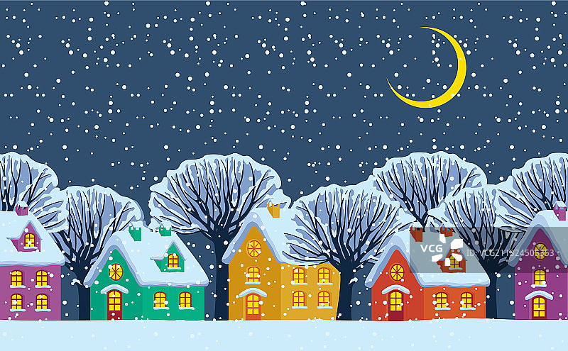 冬季的夜景和彩色的乡村房屋图片素材